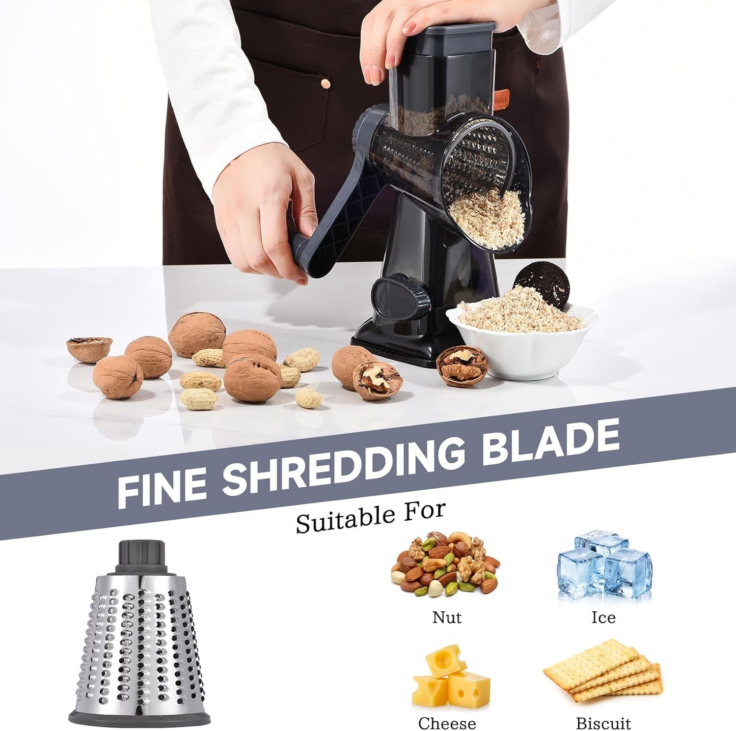 Rotary Cheese Grater Hand Crank Cheese Shredder Vegetable Mandoline Slicer for Kitchen 3 in 1 Changeable Blades for Cheese Potato Nuts Chocolate Ice （Grey TSP)