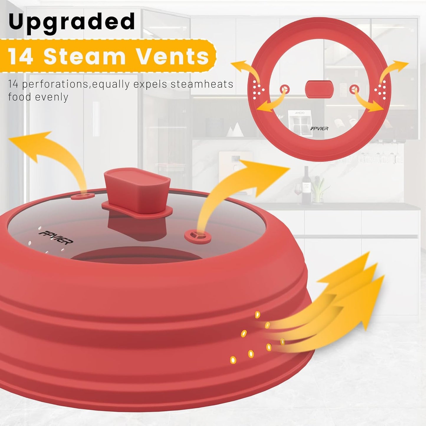 Microwave Splatter Cover, Vented Silicone and Glass Cover Splatter Guard Lid, Food Collapsible Plate Cover Lid with Easy Grip Handle. (Red, 10.8 inch)