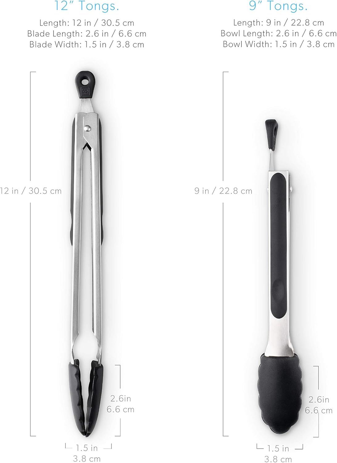 DI ORO Silicone Tongs for Cooking - Heat-Resistant Kitchen Tongs for Cooking with Silicone Tips - Small 9" & Large 12" for Nonstick Cookware - Stainless Steel Rubber Tipped (2pc, Black)