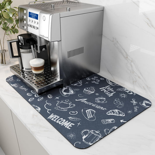 AMOAMI Coffee Mat Hide Stain Rubber Backed Absorbent Dish Drying Mat for Kitchen Counter - Fits Under Coffee Maker & Espresso Machine (12x19,DUST BLUE)