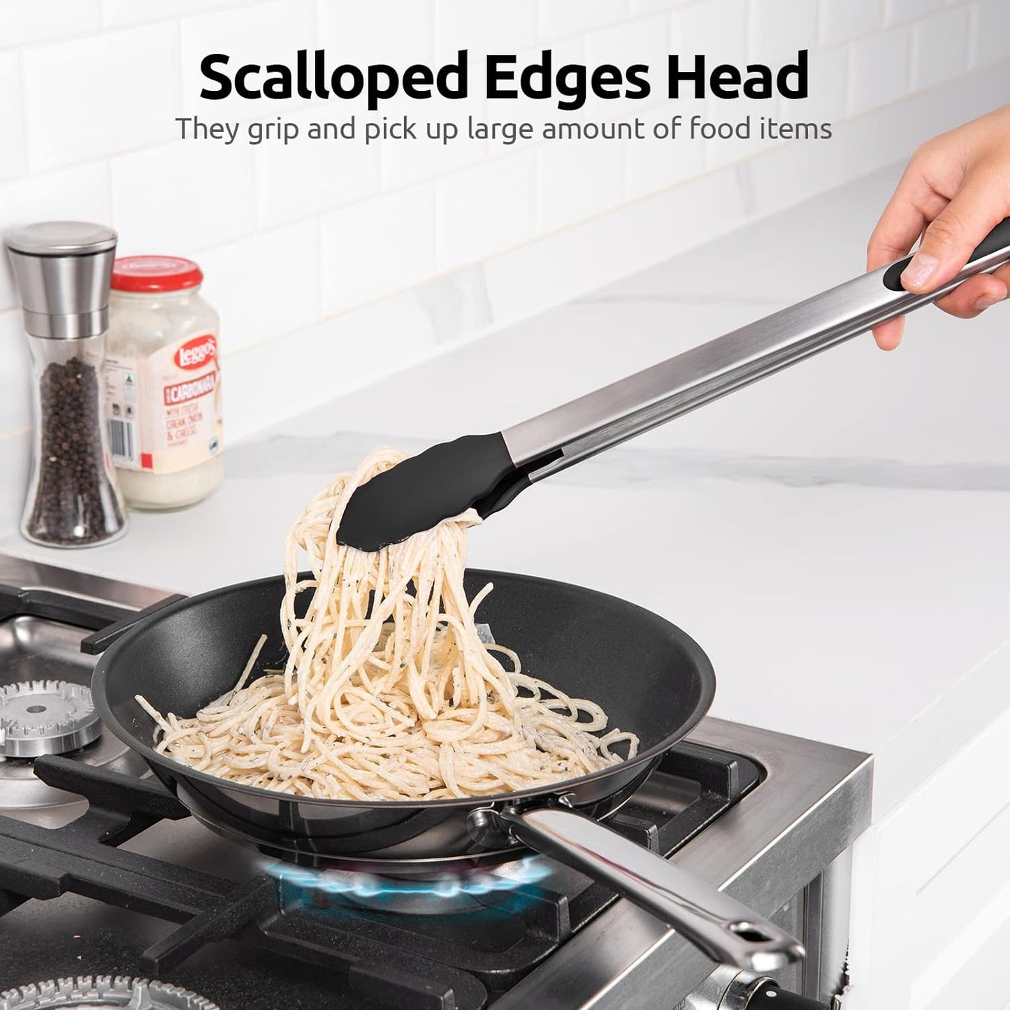 600ºF Heat Resistant Kitchen Tongs: U-Taste 16 inch Extra Long Large Silicone Cooking Tong with Sturdy Non Stick Rubber Tips & Non Slip Silicon Coated 18/8 Stainless Steel Handle for Grill BBQ (Black)