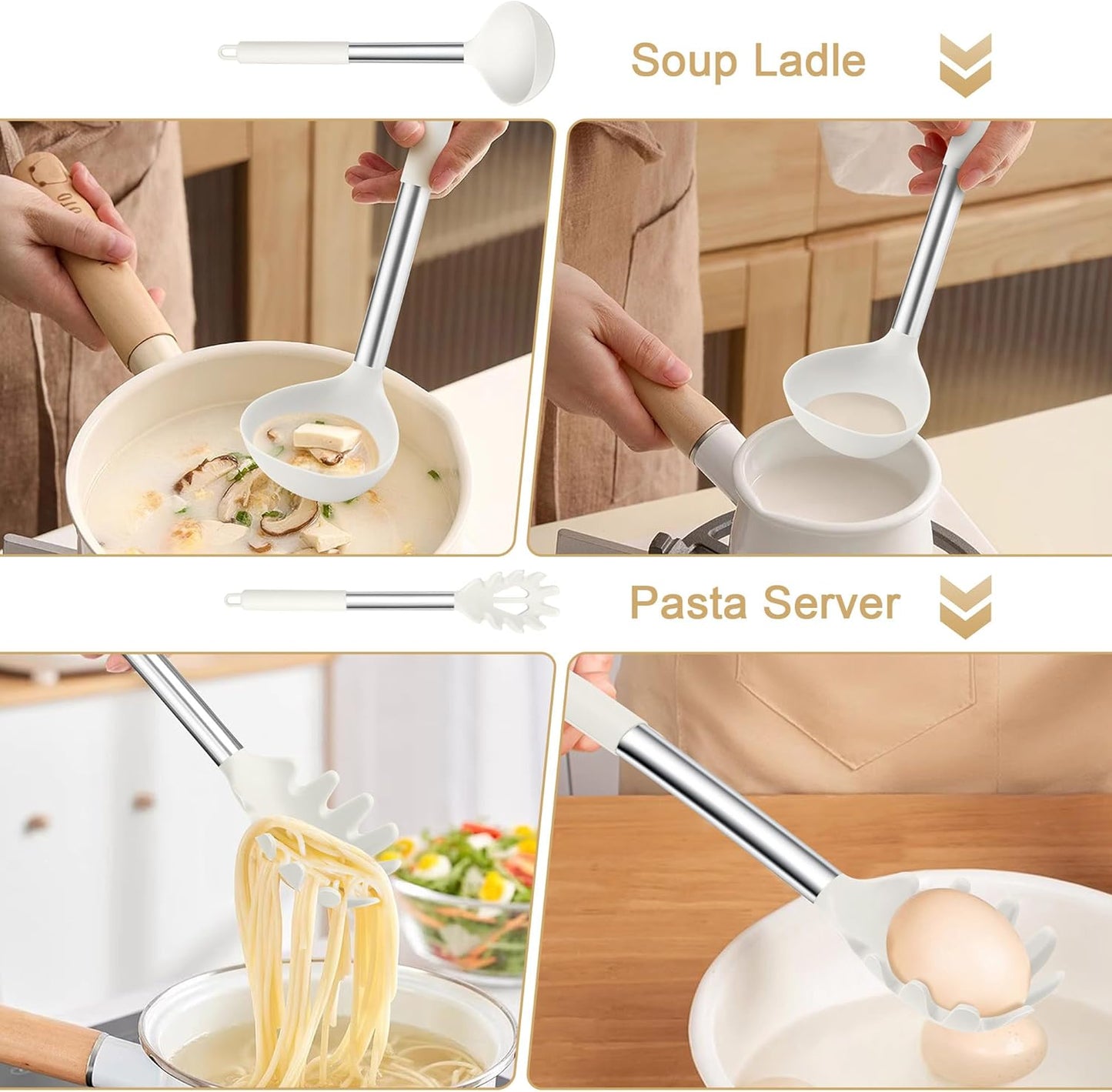 TeamFar Silicone Soup Ladle and Pasta Fork Set, 2 Pcs Large Nonstick Kitchen Cooking Utensils with Stainless Steel Handle for Draining, Serving Soup, Sauce, Spaghetti, Non-Toxic & Heat-Proof, White