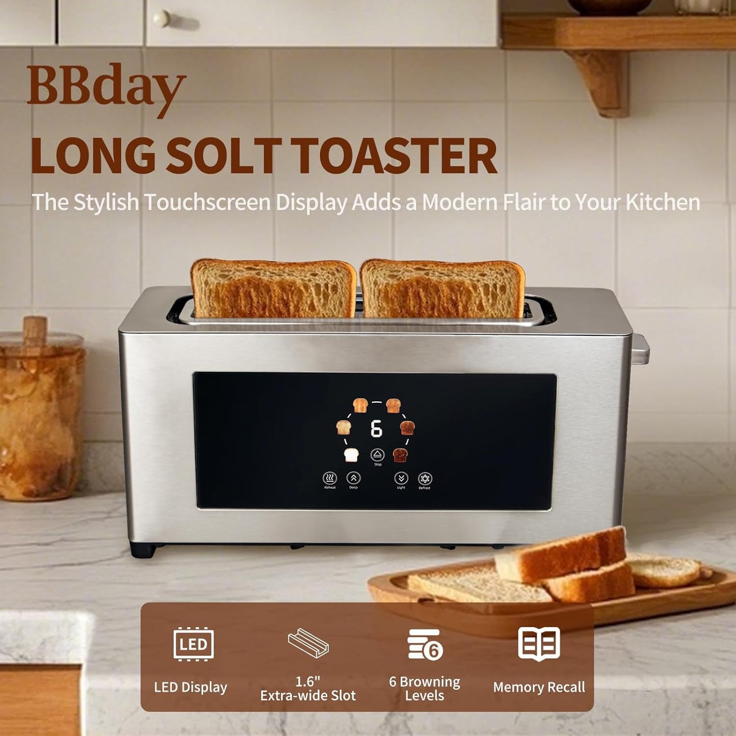 2 Slice Toaster with Touch Screen, Slim Toaster For Long Slice, 1.6" Wide Slot, 6 Browning Levels, 1000W Fast Heating, Slim Stainless Steel Design for Bagels, Baguettes, Compact Kitchen & RV Use
