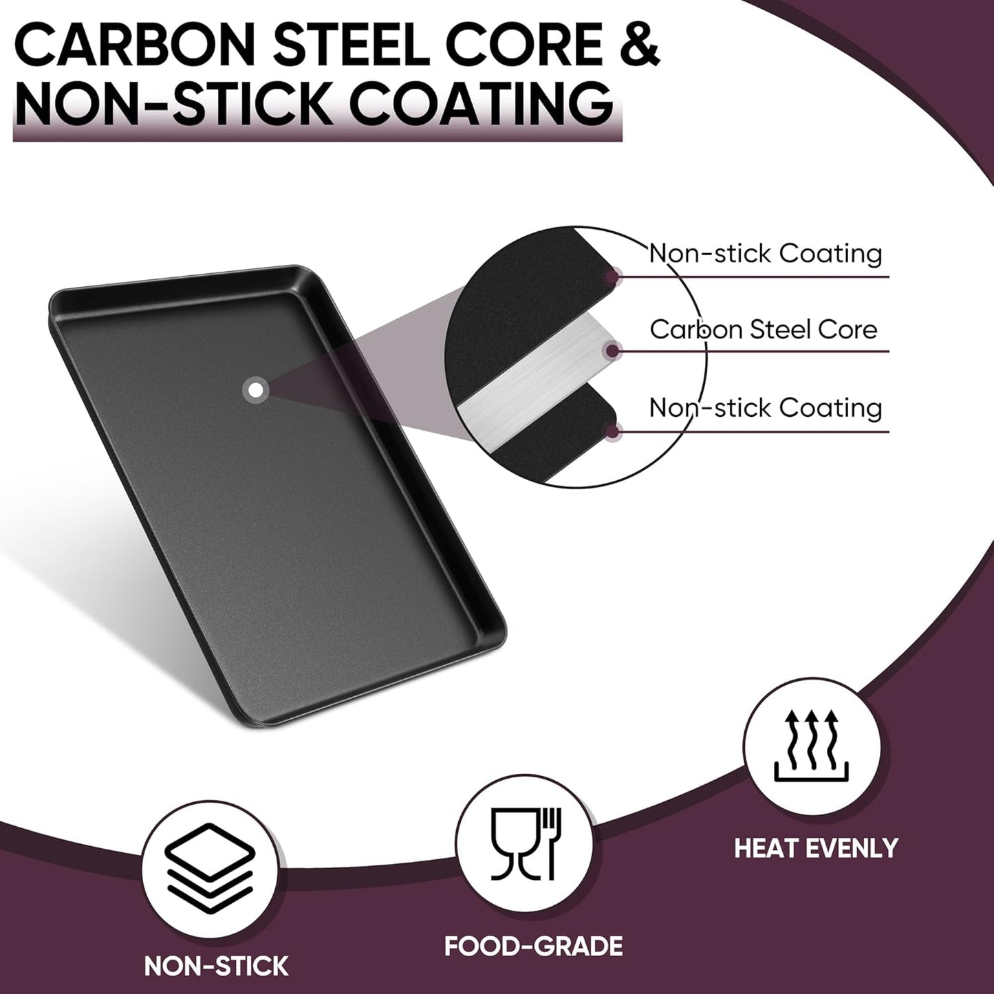 E-far Baking Sheet Set of 2, 12.5" x 9.5" x 1" Cookie Sheet Pan for Baking, Nonstick Carbon Steel Baking Trays for Oven, Heat-Resistant & Easy Clean, Black