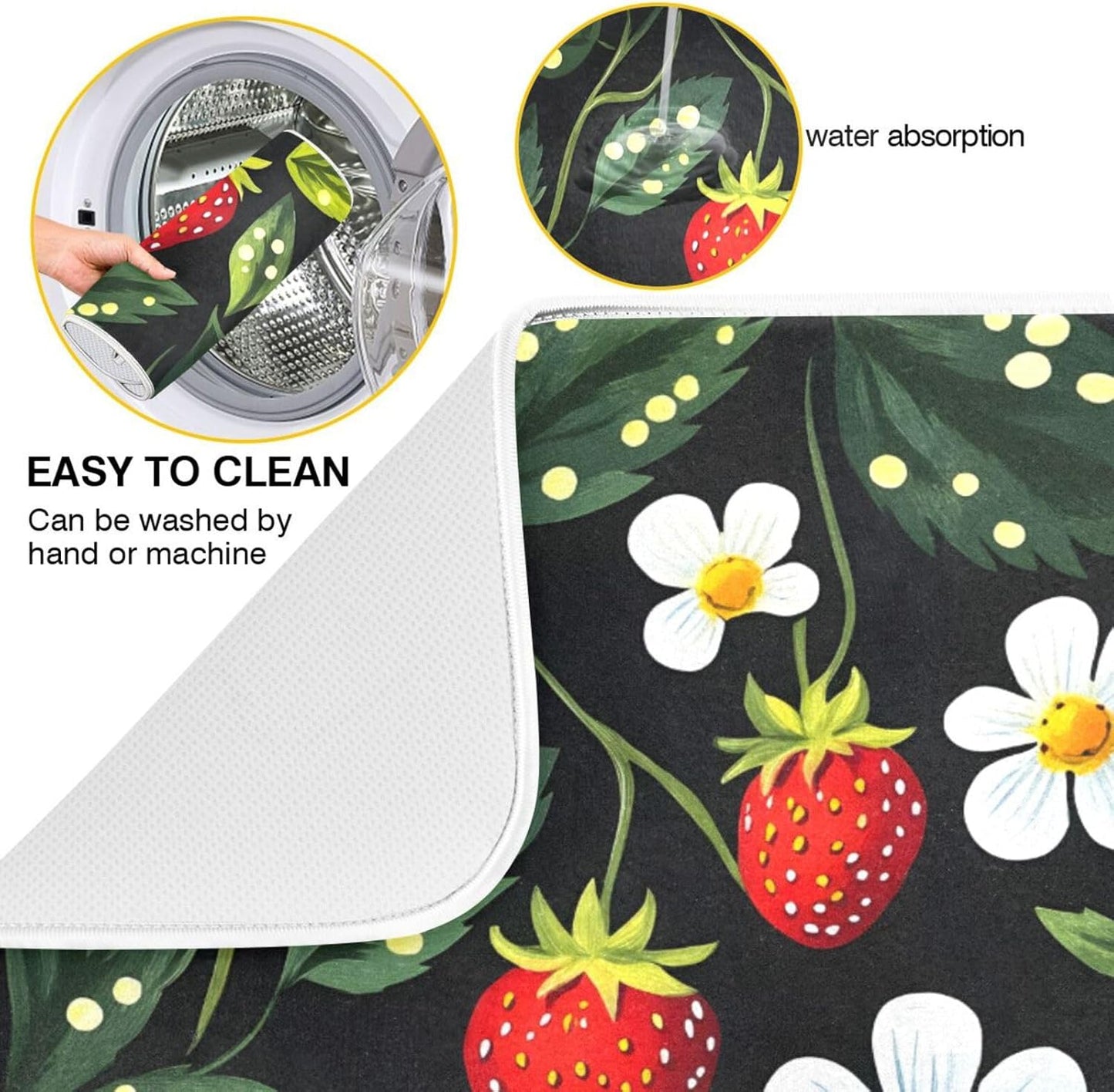 Strawberries White Flowers Dish Drying Mat for Kitchen Counter Absorbent Microfiber Drying Pad, Large 18x24 in, Reversible Drainer Mats