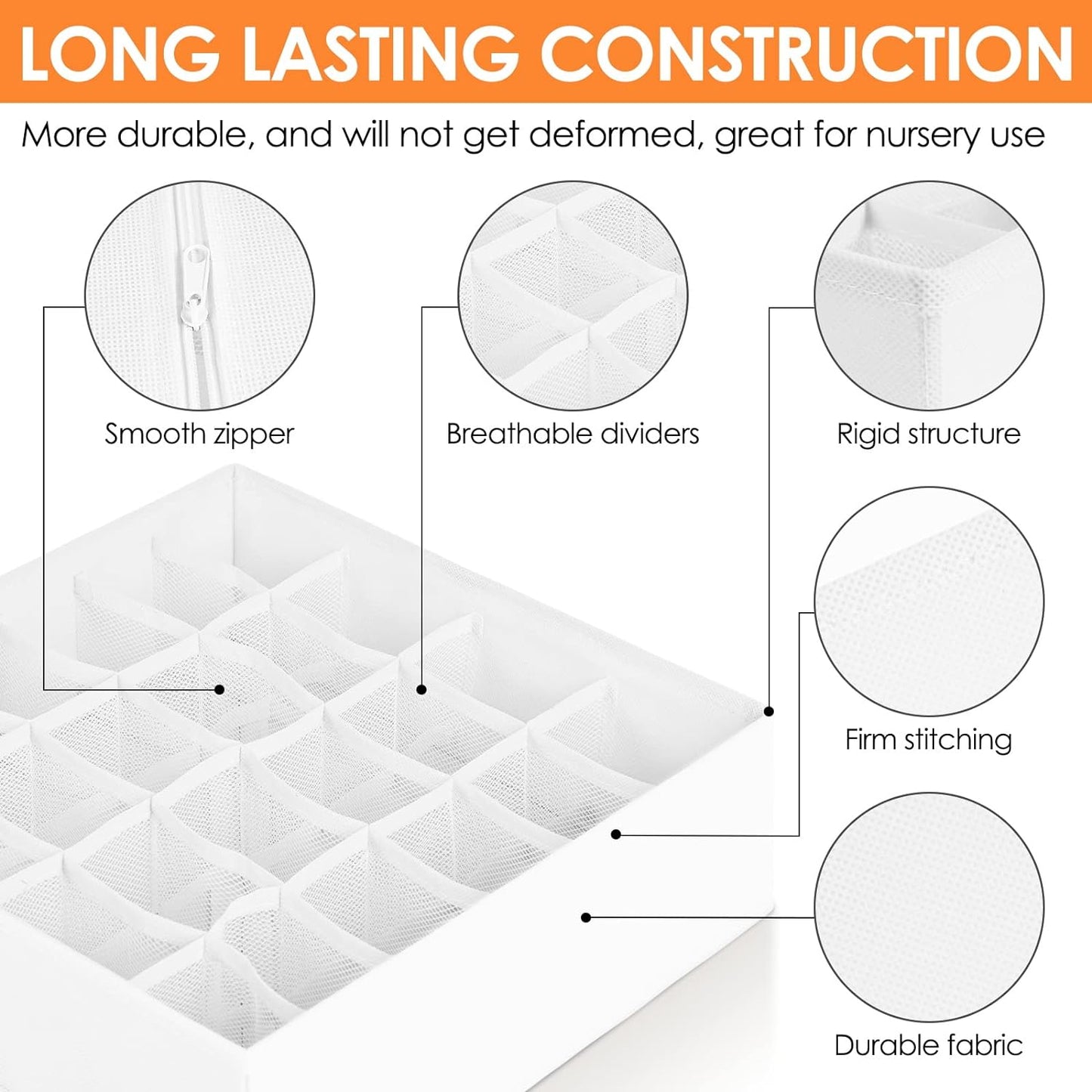 6 Pack Sock Underwear Drawer Organizer Dividers, 58 Cell Foldable Fabric Dresser Closet Organizers and Storage Bins for Clothing, Baby Clothes, Bra, Panty, Scarf, Ties (White)