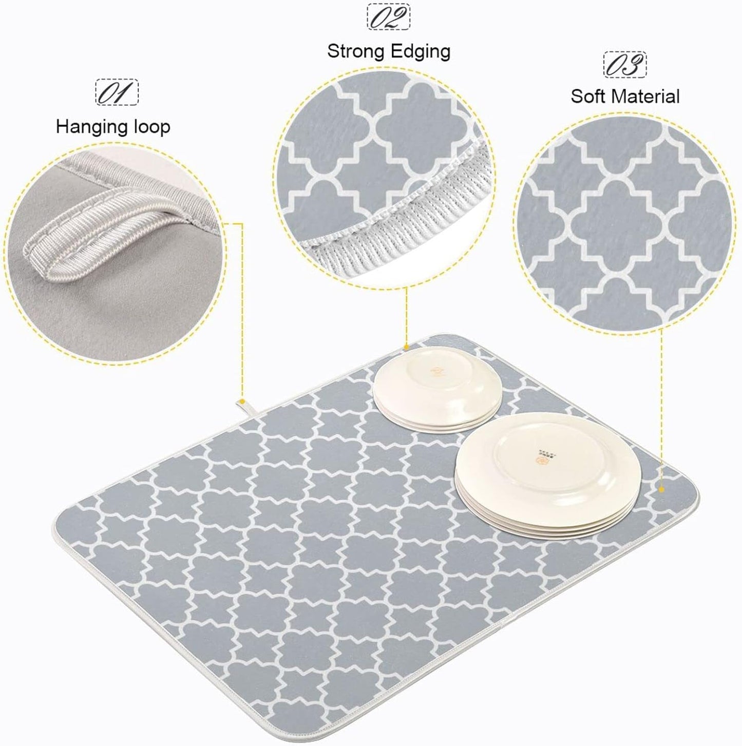 Senya Super Absorbent Dish Drying Mat, Microfiber Fast-Drying Dish Mat, 24'' x 18'', Kitchen Dish Drying Pad, Grey Moroccan, g295080429p523c558s1114