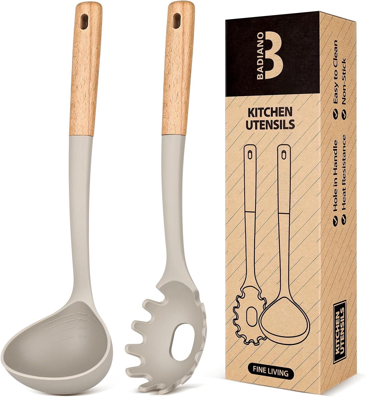 Pasta Fork and Ladle Set, Perfect for Serving Hot Soup, Stirring, and Sauce Pasta, BPA-Free Matte Silicone, Wood Handle Spaghetti Spoon for Nonstick Cooking Surfaces (Khaki)