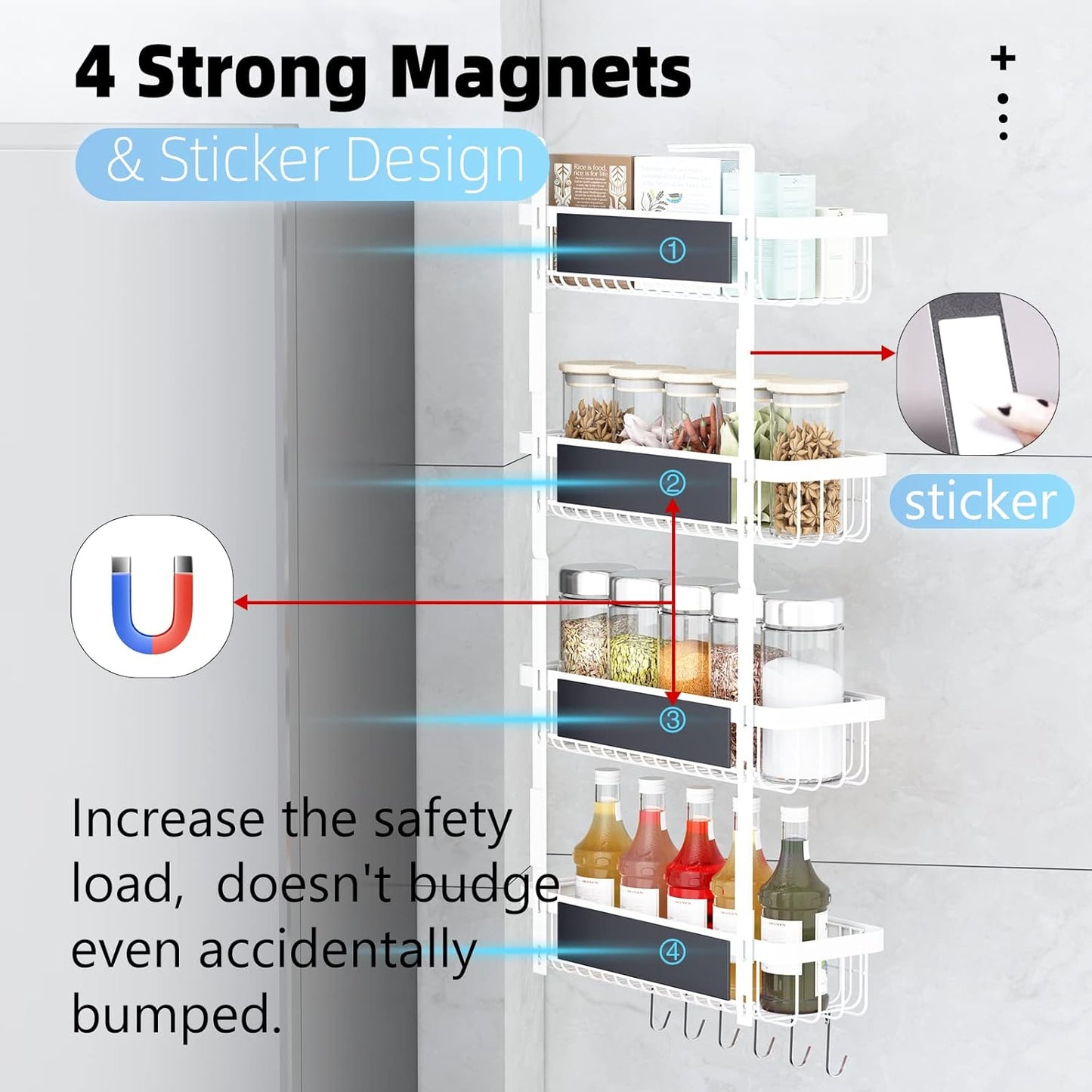Warome Magnetic Spice Rack for Refrigerator, 4 Tier Shelf Organizer with Strong Magnets, Kitchen Storage Gadget with Utility Hooks
