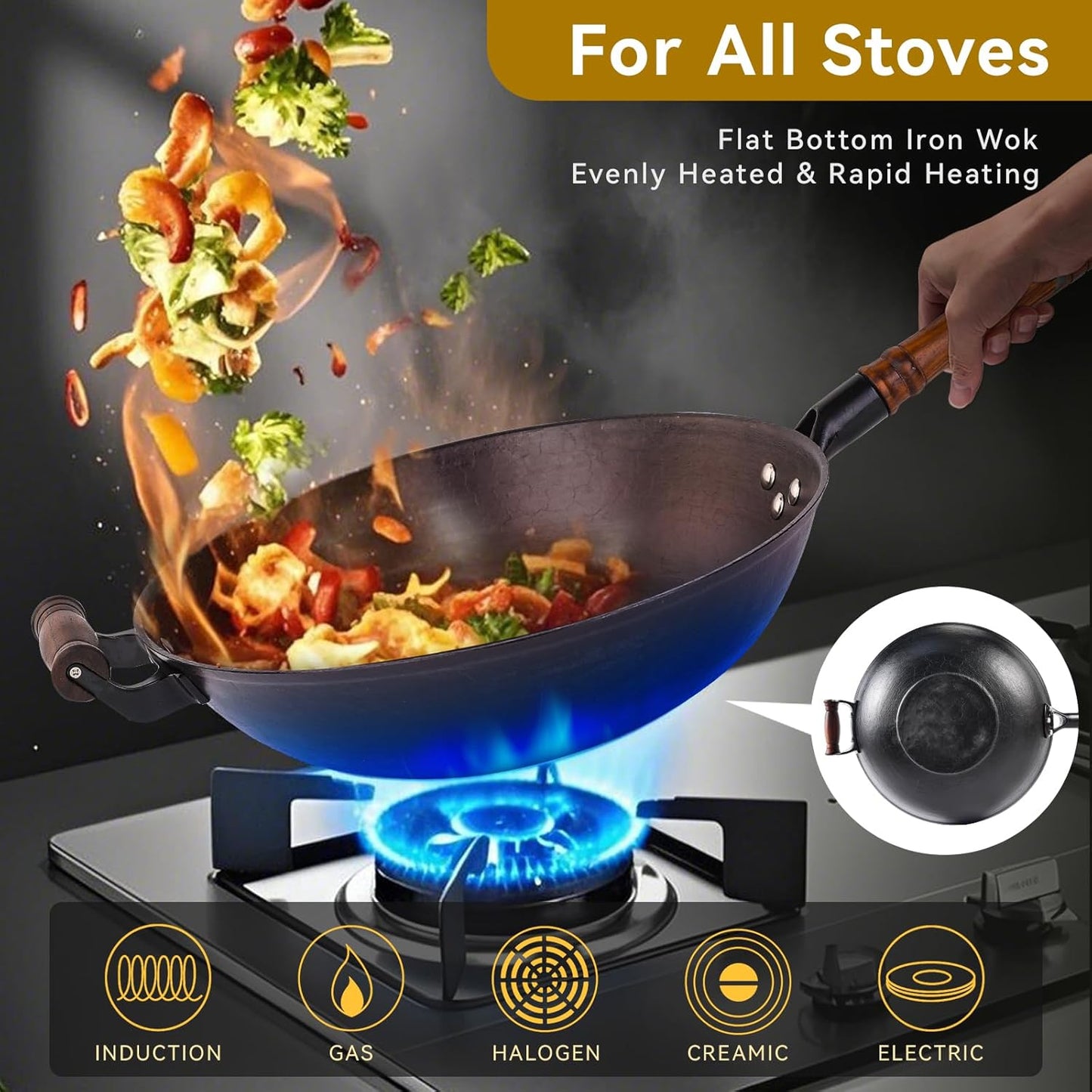 WANGYUANJI Cast Iron Wok Pan 14.2 inch Large Wok Stir Fry Pan Flat Bottom Wok with Lid and Wood Handle, Suitable for All Cooktops, Uncoated Craft Pot Healthy Cooking Pot