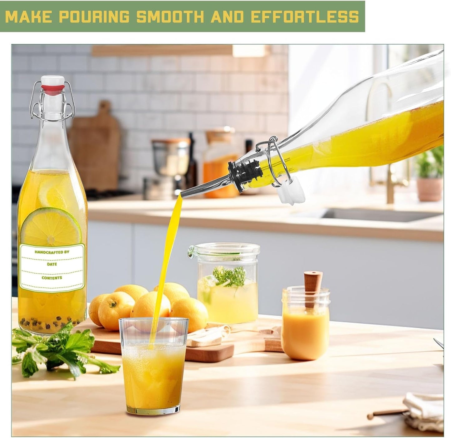 6 Pack [0.48 Liter / 16 fl. oz.] Swing Top Glass Bottles – Airtight Flip Top Brewing Bottles for Kombucha, Beer, Wine, Kefir, Soda, Liquor – Includes Funnel, 2 Pourers, 6 Seals, 8 Labels & Jute Twine