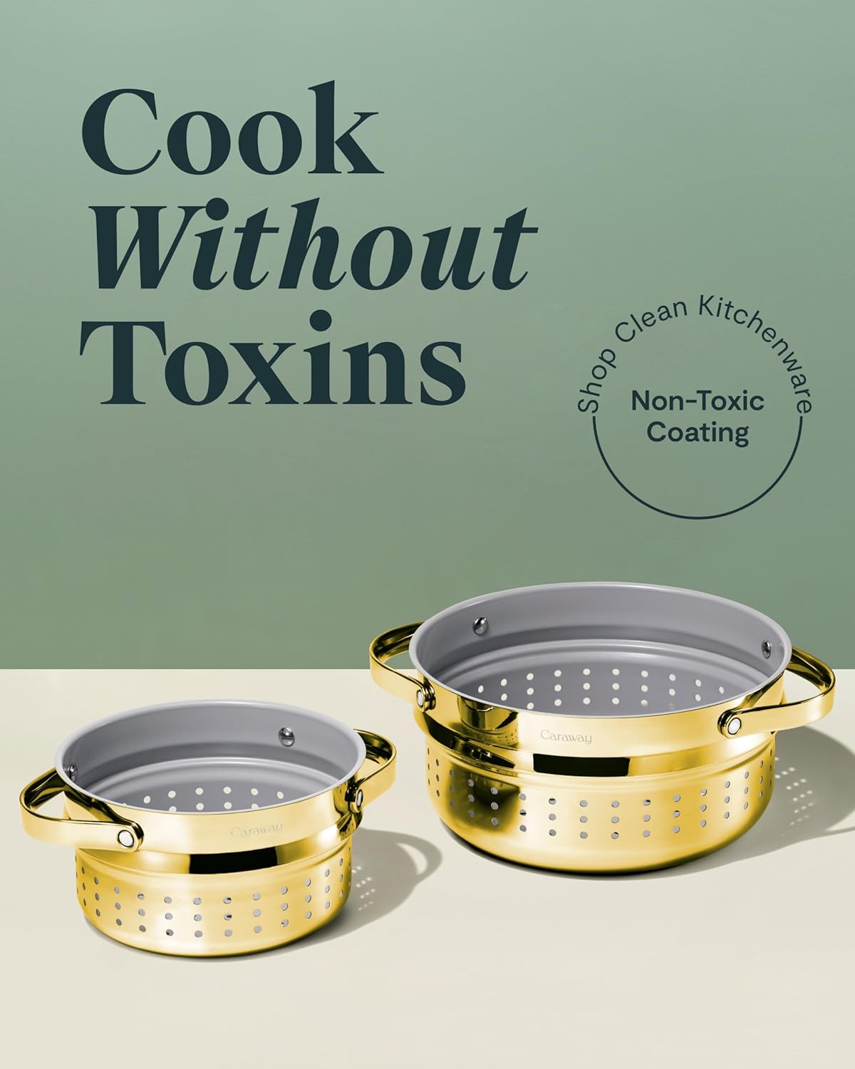 Caraway Steamer - Stainless Steel Steamer with Handles - Non Stick, Non Toxic Coating - Steam Veggies, Seafood, and More - Compatible With Our Dutch Oven or Sauce Pan - Small, 3qt - Gold