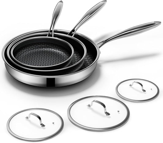Non Stick Frying Pans Set with 3 Lid, Non-Toxic Hybrid Pans Set Nonstick (8+10+12inch),Pan for cooking, nonStick Cookware, Dishwasher and Oven-Safe Cookware Sets, Stainless Steel Skillets