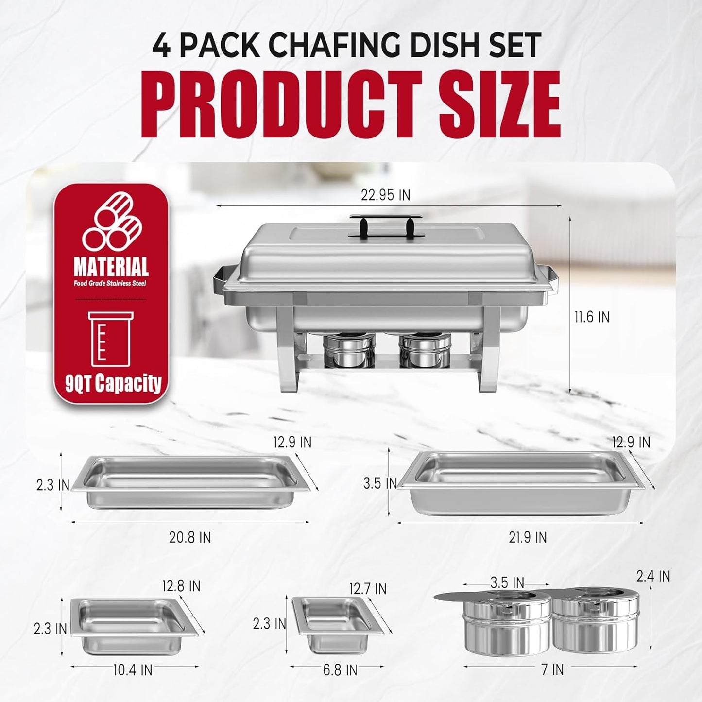 4 Pack Chafing Dish Buffet Set, 8QT Stainless Steel Rectangular Chafers and Buffet Warmer Sets 7 Pans Rolled-Edge Design for Catering Event Party Holiday