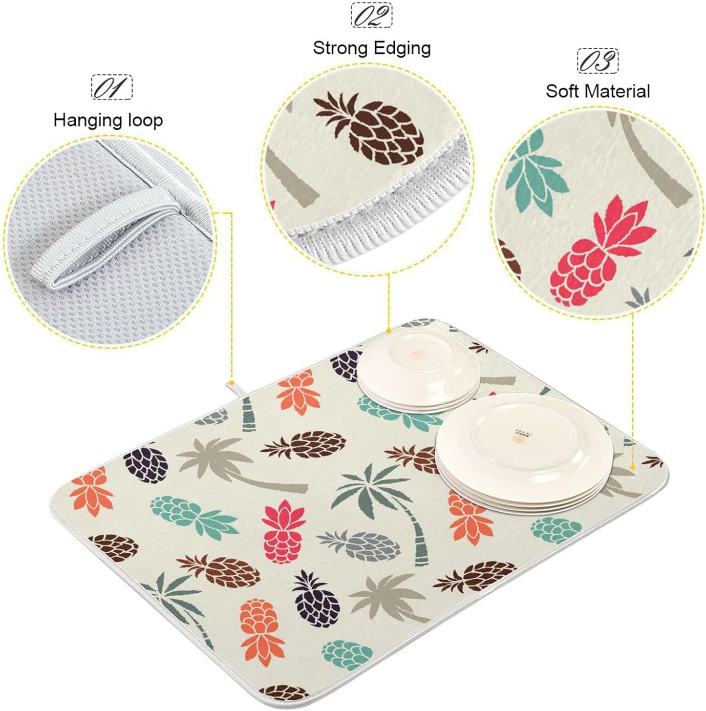 Super Absorbent Dish Drying Mat, Microfiber Fast-Drying Dish Mat, 16" x 18", Kitchen Dish Drying Pad Coconut Palm Trees Pineapples…