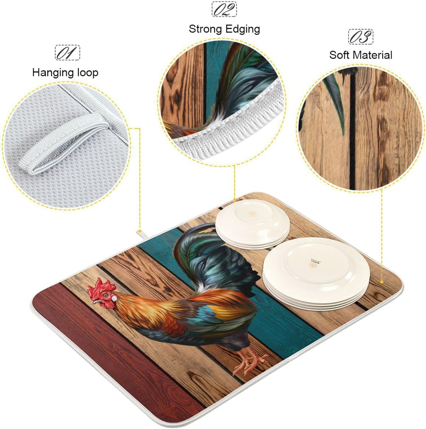 Rooster Dish Drying Mat for Kitchen Counter Farmhouse Absorbent Microfiber Drying Pad, Medium 16x18 in, Reversible Drainer Mats