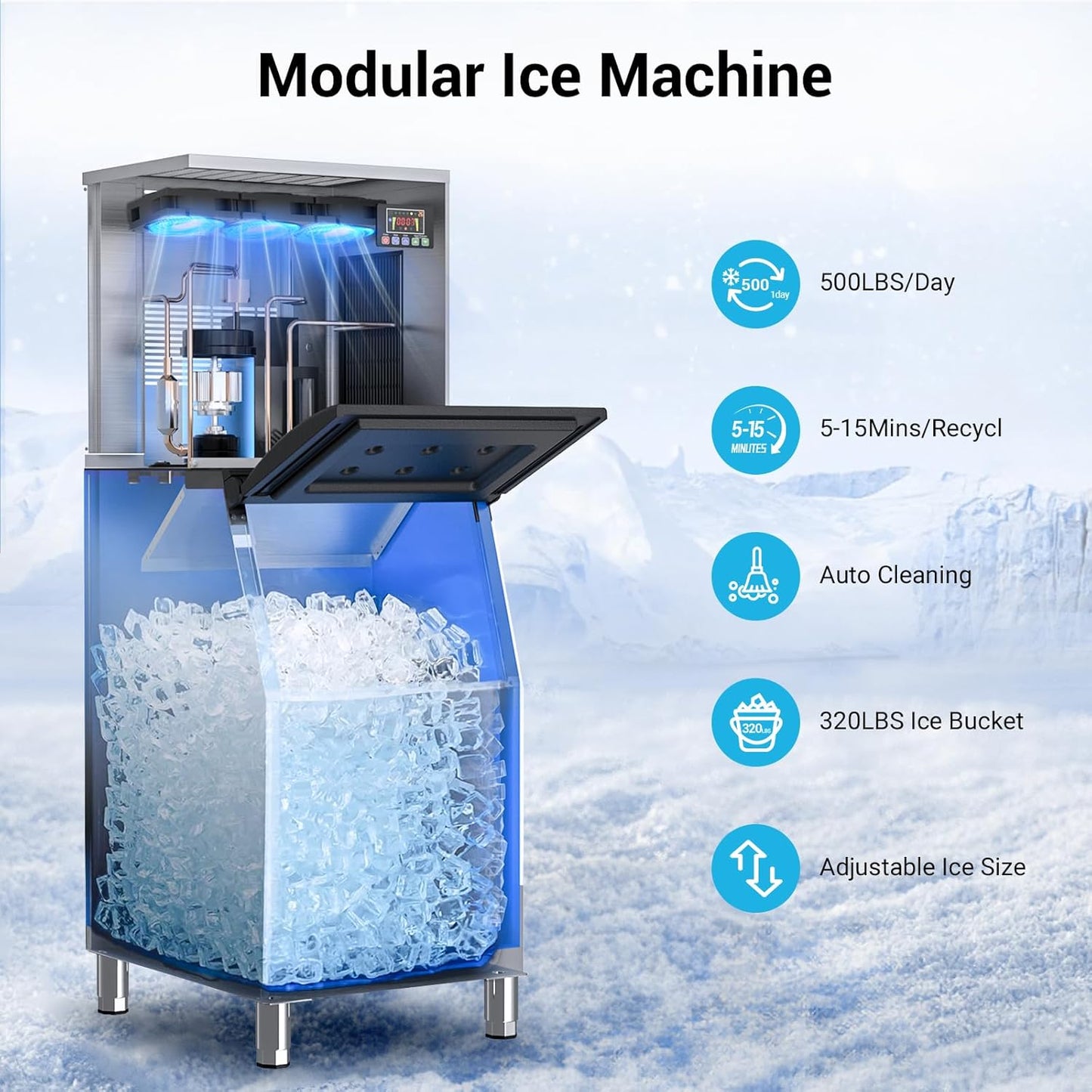 500LBS/24H Commercial Ice Machine Maker, 320LBS Capacity Large Industrial Ice Maker, Clear Ice Cubes Ready in 5-15min, Micron Water Purification Filter 99% impurities, for Cafe, Bar