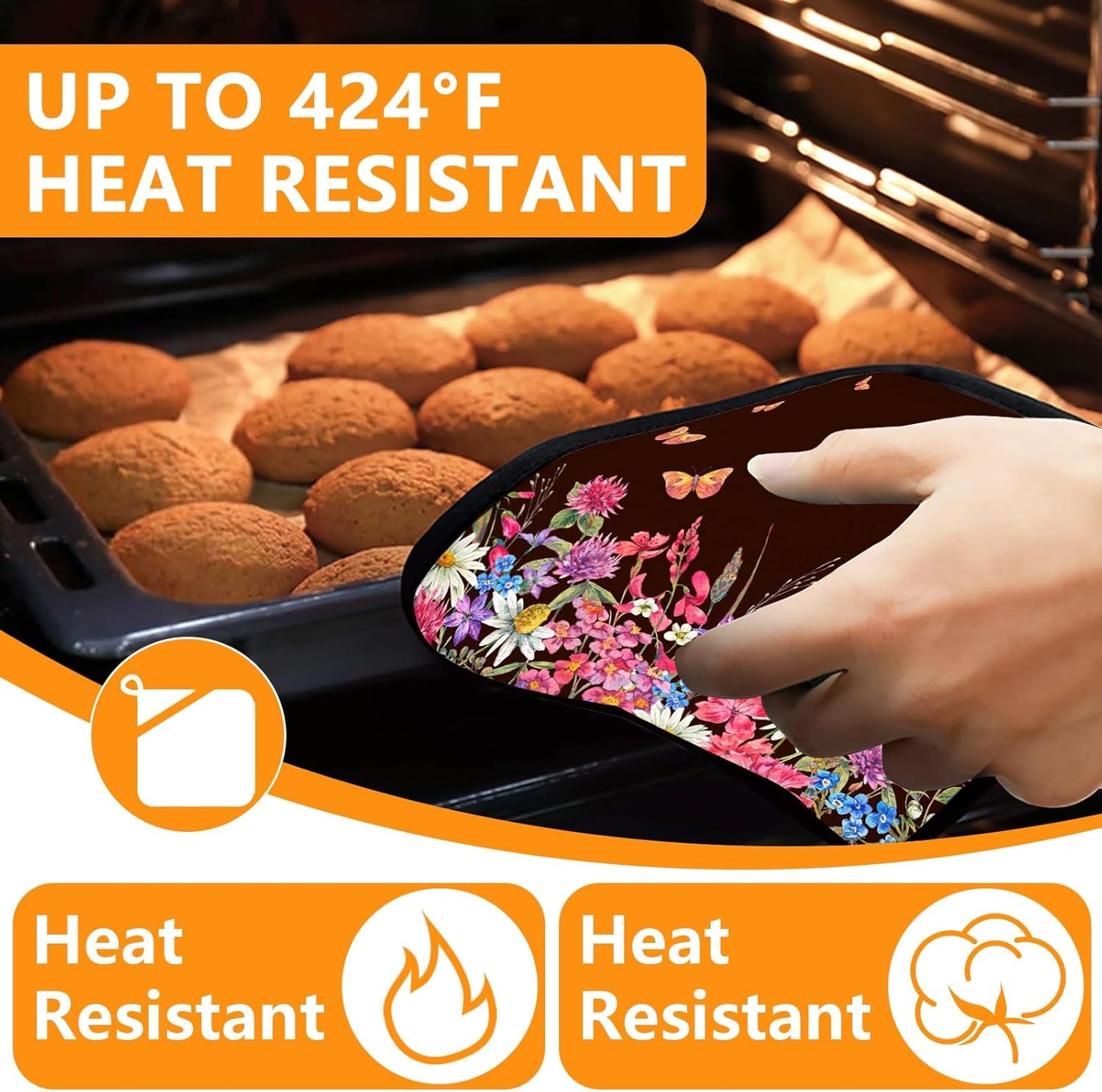 Wildflowers Oven Mitts and Pot Holders Sets 4Pcs,Extra Long Oven Gloves Potholder for Kitchen Cooking Baking BBQ 100% Cotton Heat Resistant