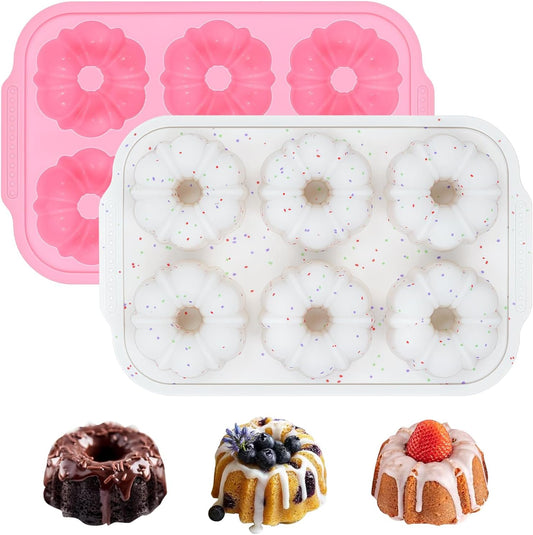Mini Bundt Cake Pans for Baking, 2Pcs Silicone 6-Cavity Fluted Tube Cake Pan with Metal Reinforced Frame, Nonstick Baking Molds for Cupcake, Brownie, Donuts, Cornbread, Jello