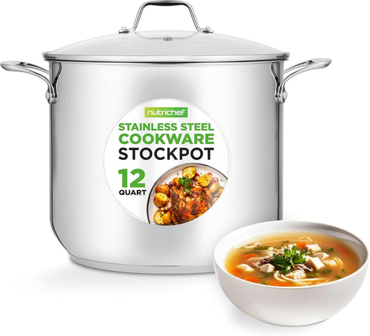 NutriChef 12-Quart Stainless Steel Stockpot – 18/8 Food Grade Heavy-Duty Induction-Compatible Pot with See-Through Lid, Ideal for Stews, Broths, Simmering & Soups, Dishwasher Safe – NCSP12