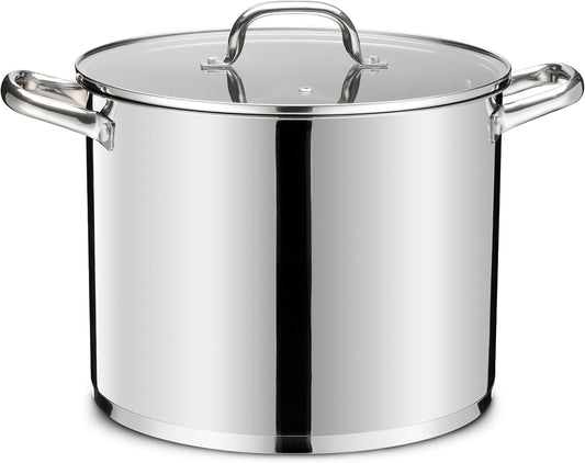 14 QT Stainless Steel Large Stock Pot, LIANYU Heavy Stockpot with Glass Lid, Deep Soup Canning Pot for Stewing Simmering, Tri-ply Base for Induction, Halogen Cooktops, Dishwasher Safe
