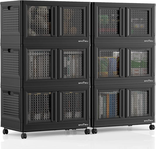 600Qt Stackable Storage Bins with Lids, 150Gal Closet Organizers and Storage Drawer, Plastic Collapsible Storage Bins with Doors, Heavy Duty Store Box Cabinet for Home Office, 6 Pack Black