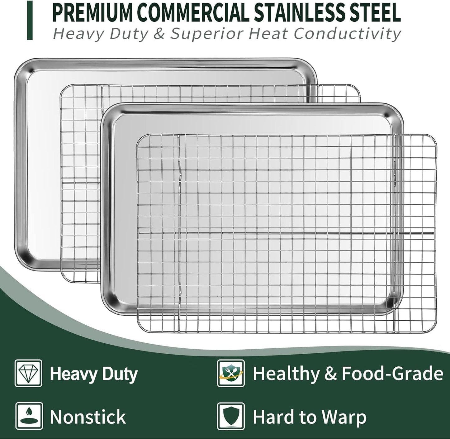 Small Baking Sheet with Rack Set [2 Small Cookie Sheets + 2 Small Baking Racks], CEKEE Stainless Steel Small Baking Pan and Grill Rack - Rust & Warp Resistant & Nonstick, Size 9.33 x 6.96 x 1 Inch