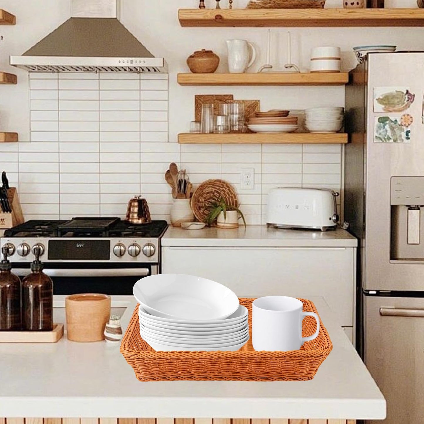 5 Pack 16 Inch Brown Wicker Bread Basket, Handmade Woven Organizer, Rectangular Fruit Baskets, Snack Basket Food Serving Baskets for Dining Table, Candies, Crackers, Fruit, Vegetables