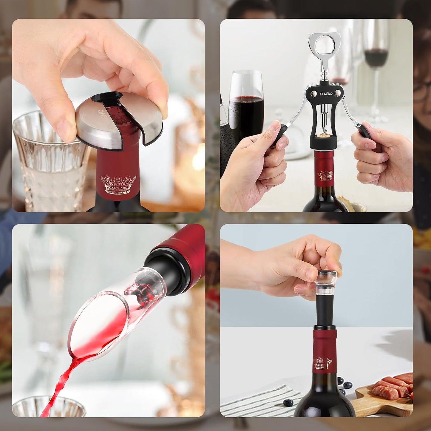 Beneno Multifunctional Wine Bottle Opener Gift Set - Wing Corkscrew, Foil Cutter, Vacuum Stopper & Aerator Pourer, Perfect for Wine Lovers Man Woman, Black Set