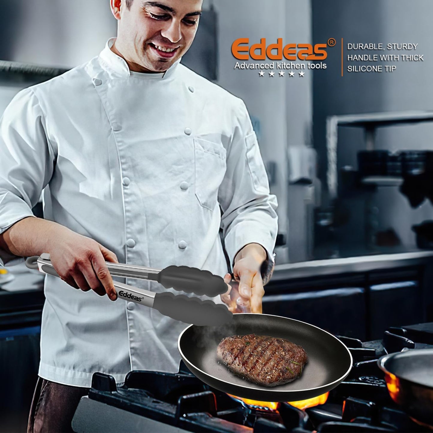 Kitchen Tongs with Silicone Tips - Heat Resistant 600 Degrees Stainless Steel Locking Cooking Tongs with Rubber Tips, Non-Stick Food Tongs for Cooking, Heavy Duty, Set of 3-7" 9" and 12" Grey