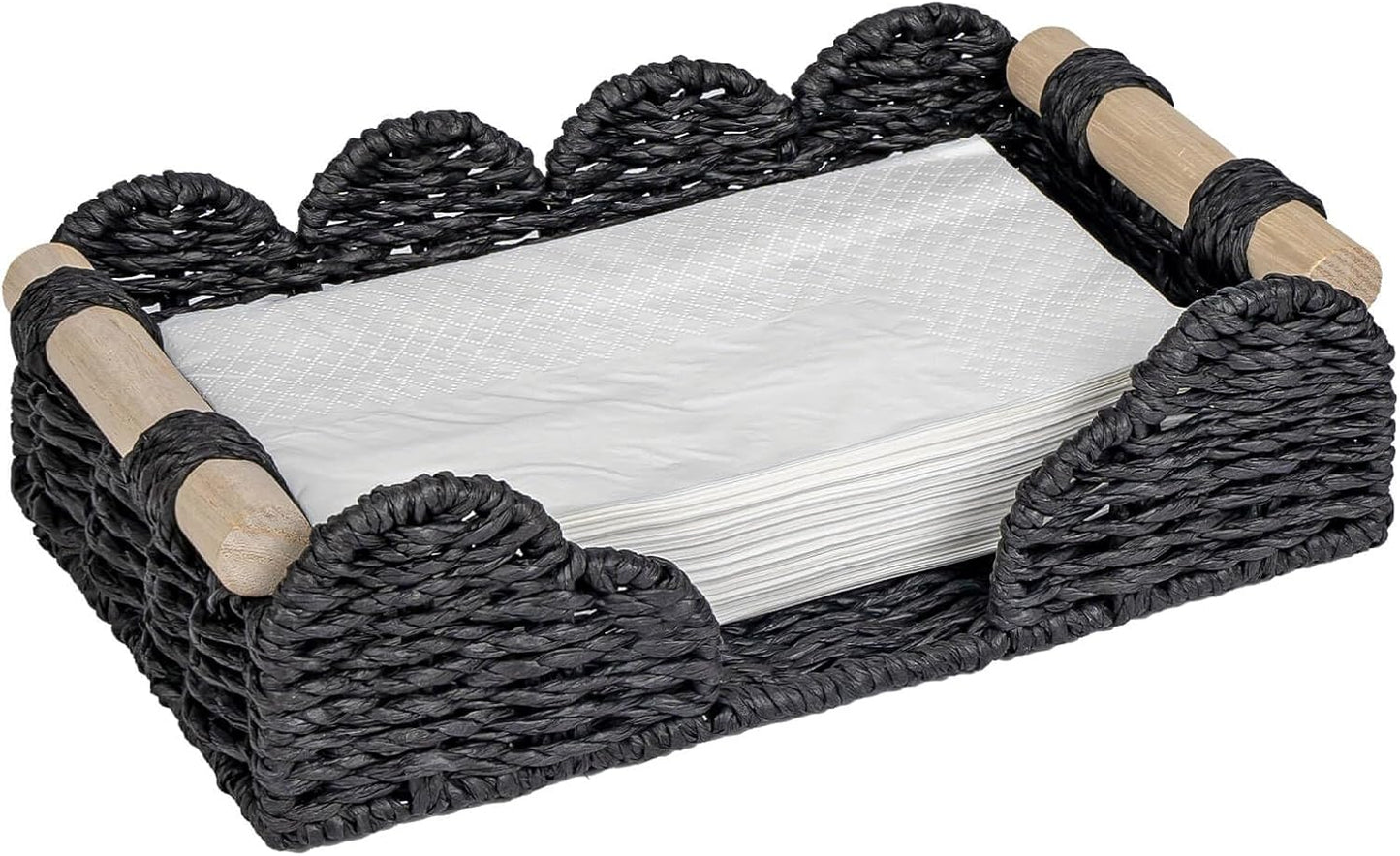 CubesLand Scalloped Napkin Holder for Bathroom Decor, Paper Rope Flat Napkin Dispenser Guest Towel Tray for Bathroom, Farmhouse Warm Napkin Holder for Table Dining Room Home Kitchen Decor, Black