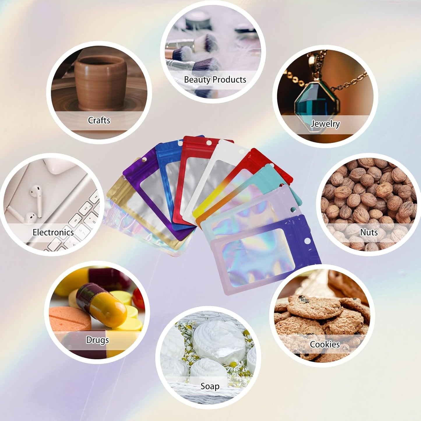 200 Pack Resealable Mylar Holographic Bags Food Storage Smell Proof Bags with Front Window Foil Packaging Pouch for Candy Sample Jewelry Small Business 3.15×5.51 Inch, Red Fade Yellow