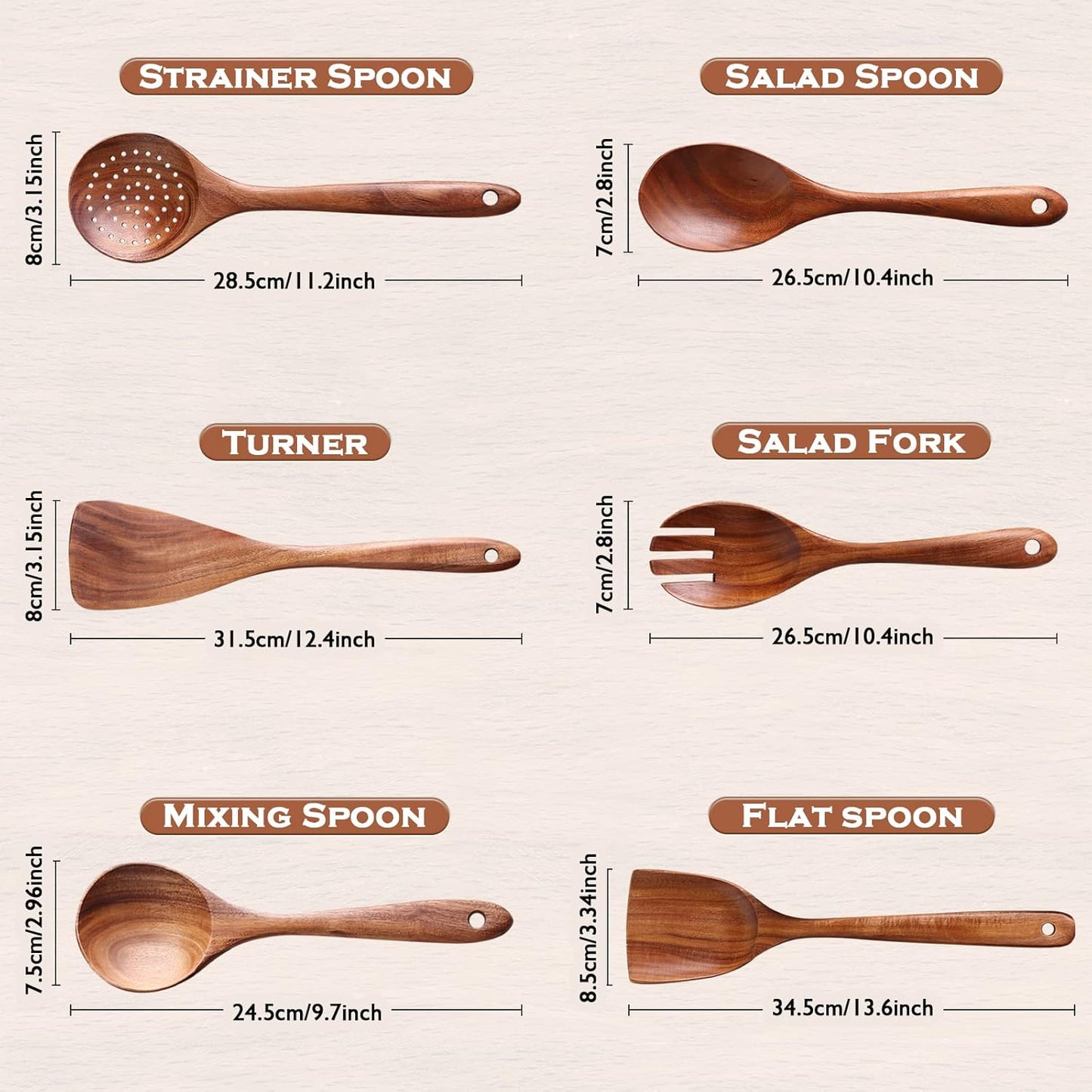 Wooden Spoons for Cooking, 6 Pcs Wooden Utensils for Cooking, Natural Teak Wood Non-Stick Cooking Spoons, Wood Utensils Set for Kitchen