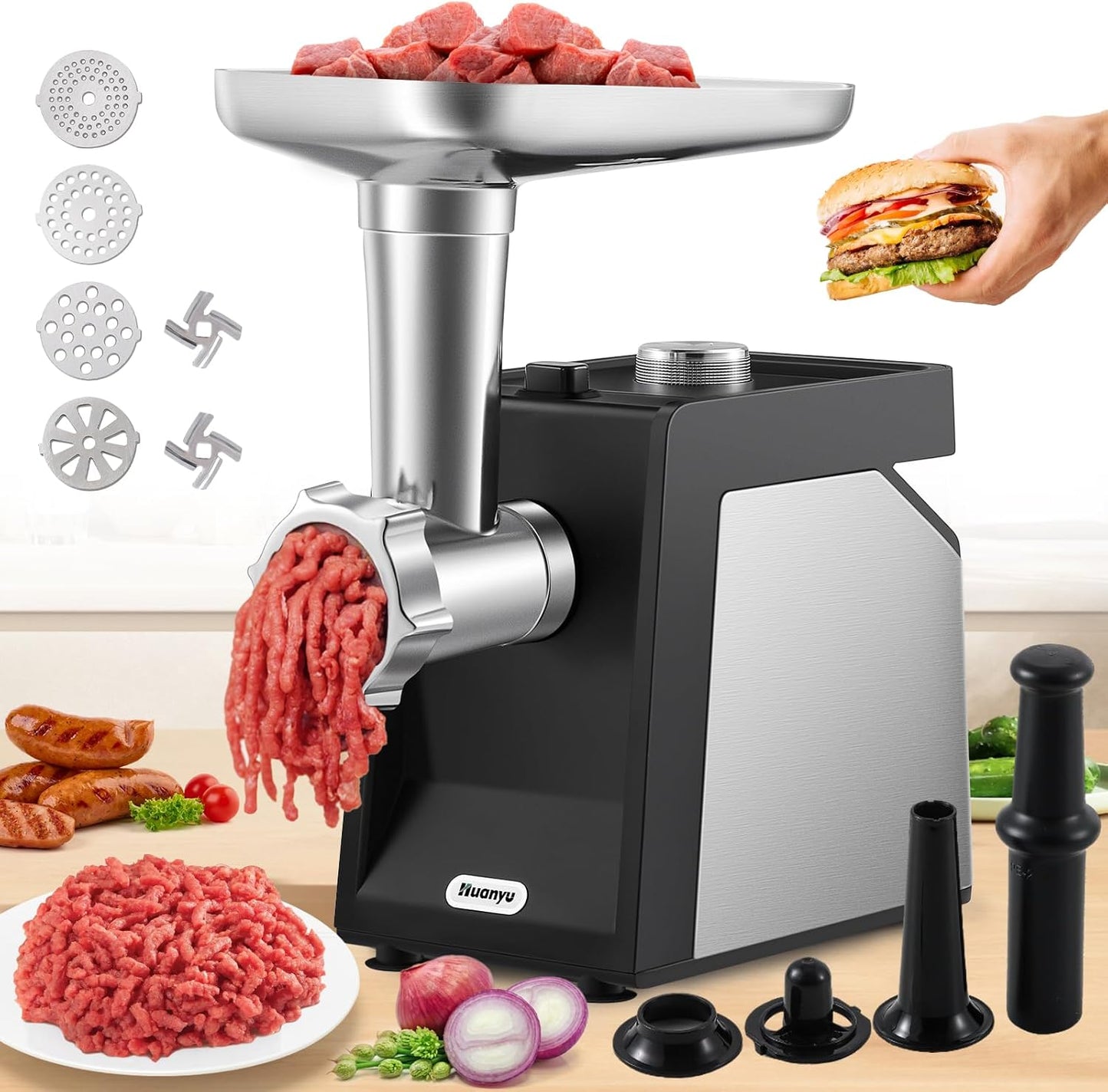 Huanyu Electric Meat Grinder for Home Use, Quiet for Apartment Cooking, Process Beef & Venison in 90s, Sausage Kubbe Prep Kit 110v
