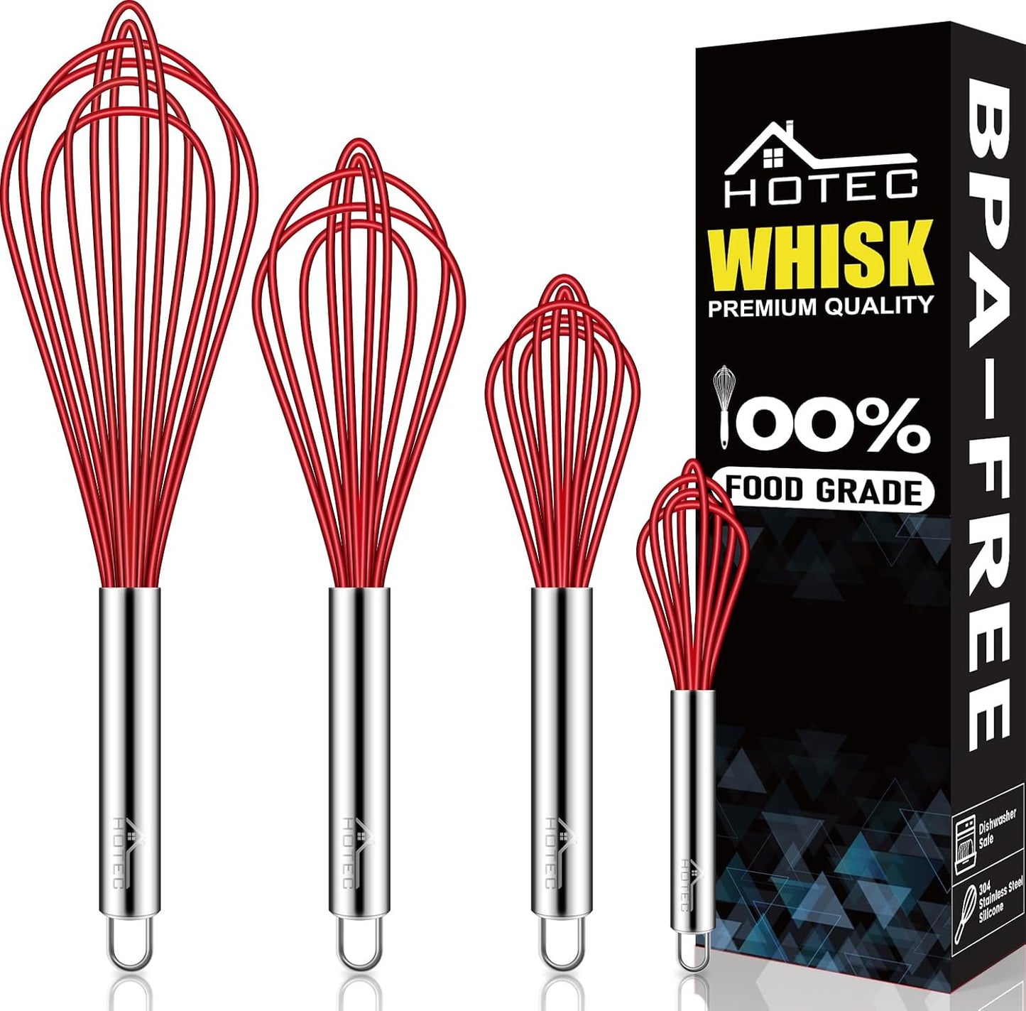 HOTEC 4 Pieces Silicone Whisks Set, Wire Balloon Whisks Egg Beater, Non-slip Handle Whisk for Non-stick Cookware Perfect for Cooking, Stirring, Beating and Blending (Red)