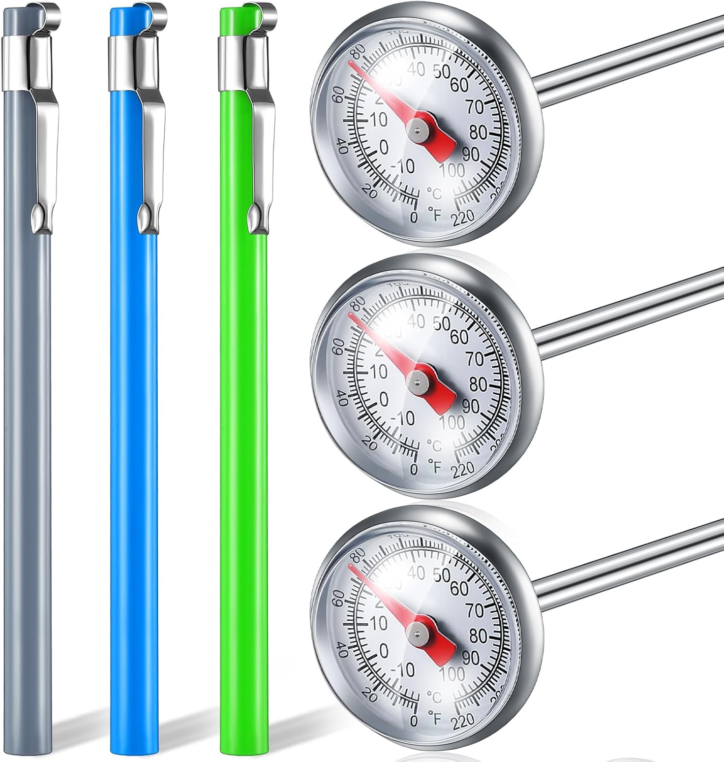 Xuhal 3 Pcs Stainless Steel Kitchen Thermometer with 5 Inch Long Stem 1 Inch Dial Thermometer Milk Frothing Food for Oven Probe Meat Grill BBQ Cooking Chocolate Water (Gray,Green,Blue)