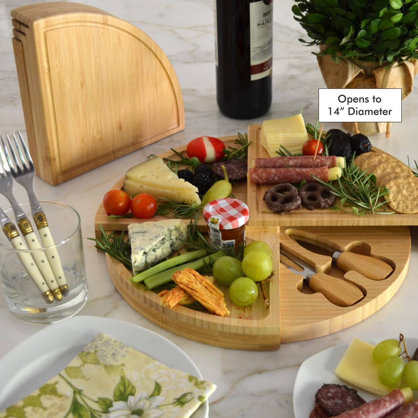 Picnic at Ascot Custom Personalized Engraved Bamboo Cheese/Charcuterie Board - US Patented Designed enables All in One Storage
