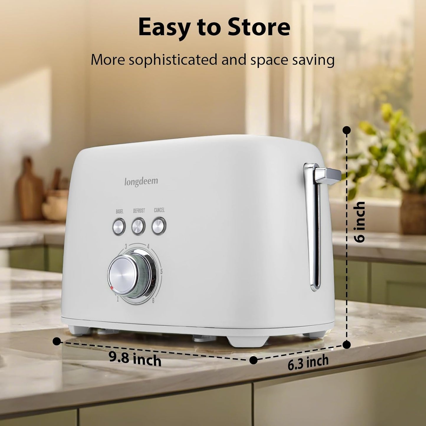 2-Slice Toaster 1.5" Extra Wide Slot Stainless Steel with High Lift Lever, 6 Presets & Bagel/Defrost/Cancel Function, Removal Crumb Tray, Under Base Cord Storage, White