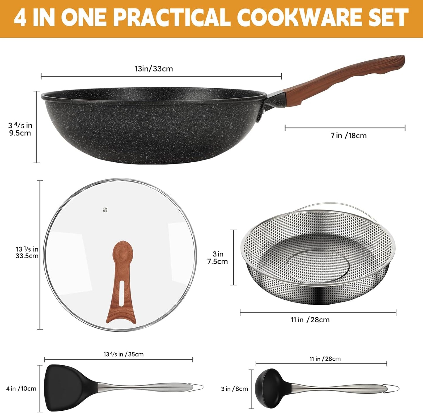 AOSION 13'' Nonstick Wok, Woks & Stir-Fry Pans Non Stick Wok with Lid and Steamer Basket Spatula Ladle, 100% PFOA Free Induction Wok Pan for Electric, Gas, Halogen, All Stoves