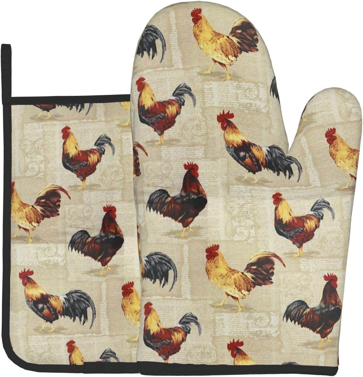 Rustic Rooster Oven Mitts and Pot Holder Set of 2 Farm Animal Print Heat Resistant Gloves Hot Pads for Kitchen Grilling Baking Cooking BBQ