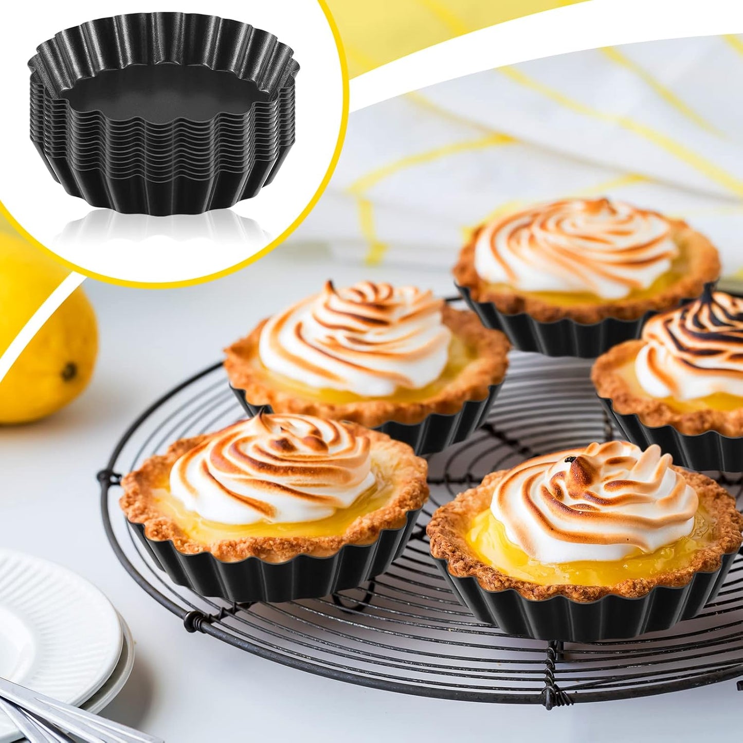 Tessco 16 Pieces Mini Tart Pans with Removable Bottom Nonstick Quiche Mini Pie Tart Pans Bakeware Mold Fluted Side for Pies(Black Gray Round,3 Inch)