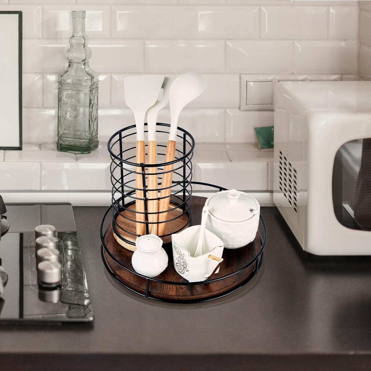 10 Inch Wood Lazy Susan, Rustic Brown Turntable Organizer with Steel Frame, 360 Degree Decorative Turntable for Countertop or Centerpieces