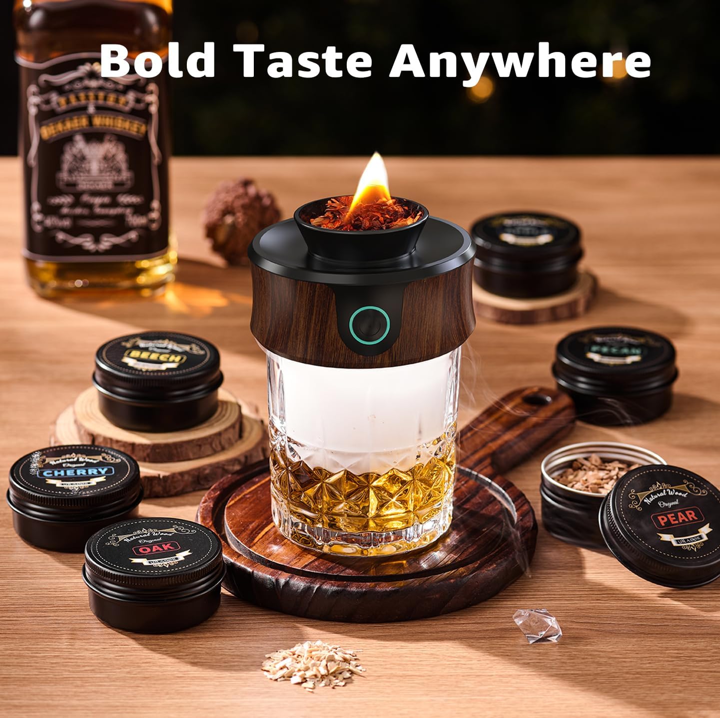 Electric Whiskey Smoker Kit with Torch, Premium Wooden Box, 4 Wood Chips, Ice Molds, Recipes, Cocktail Smoker Kit for Bourbon & Old Fashioned, Ideal Gift for Dad, Husband and Men (No Butane)