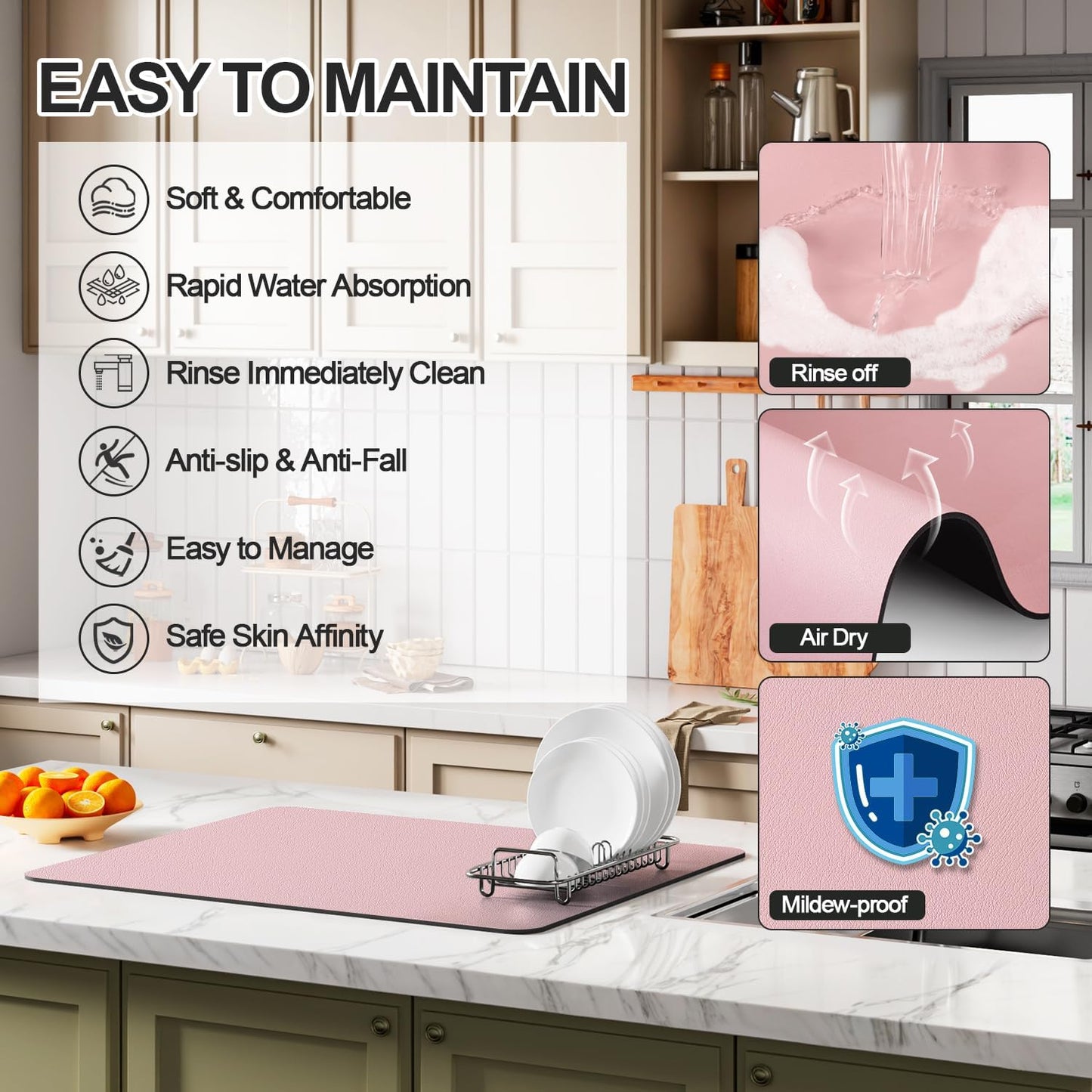 Dish Drying Mat for Kitchen Counter | Coffee Bar Mat for Countertops | Heat Resistant Drainer Mat with Non-slip Rubber Backed | Hide Stain Kitchen Absorbent Draining Mat | Pink 16"x24"