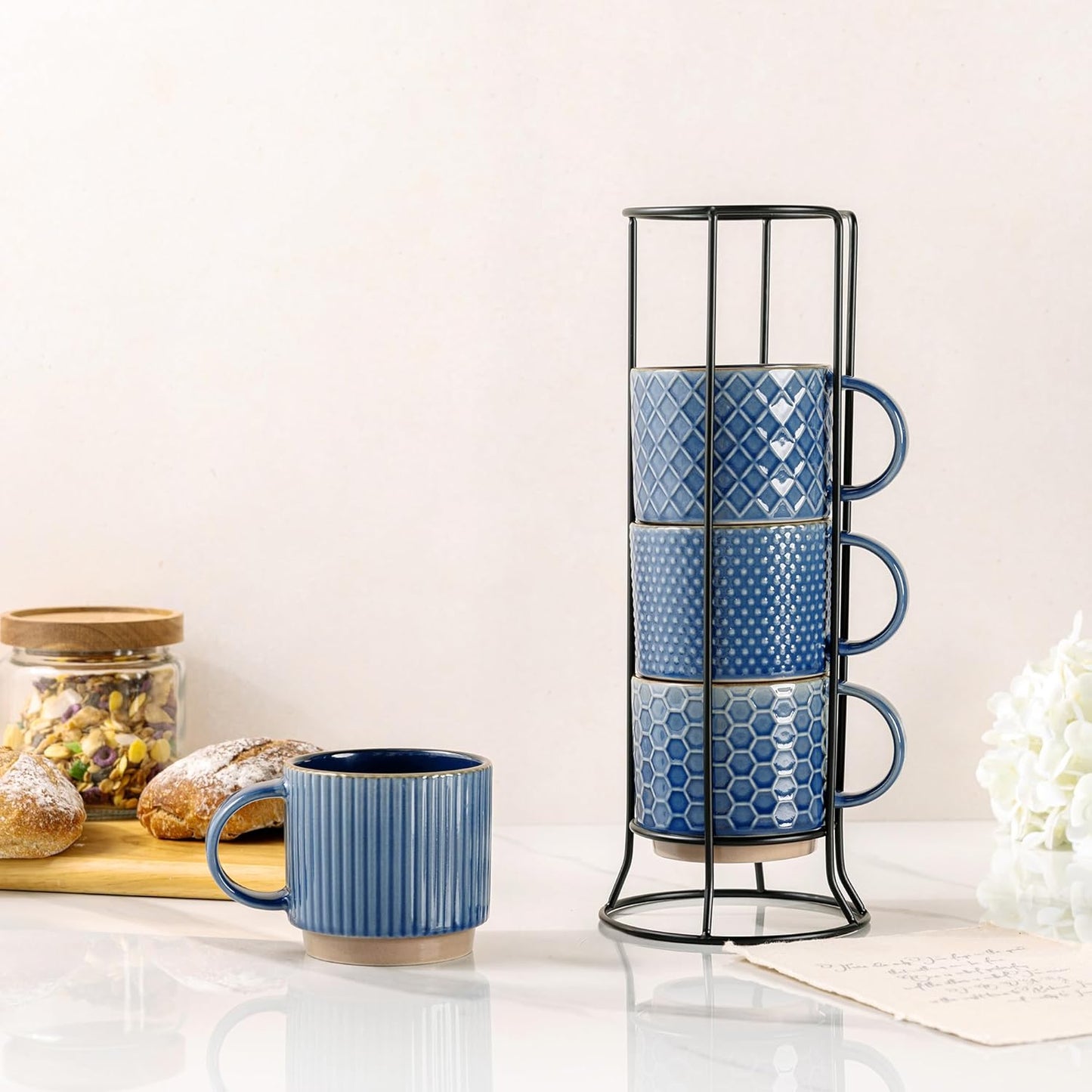 GBHOME 12OZ Stackable Coffee Mugs with Stand, Ceramic Coffee Mugs with Texture Patterns for Man,Woman,Dad,Mom, Modern Coffee Cups Set of 4 for Latte/Cappuccino/Cocoa. Dishwasher&Microwave Safe, Blue