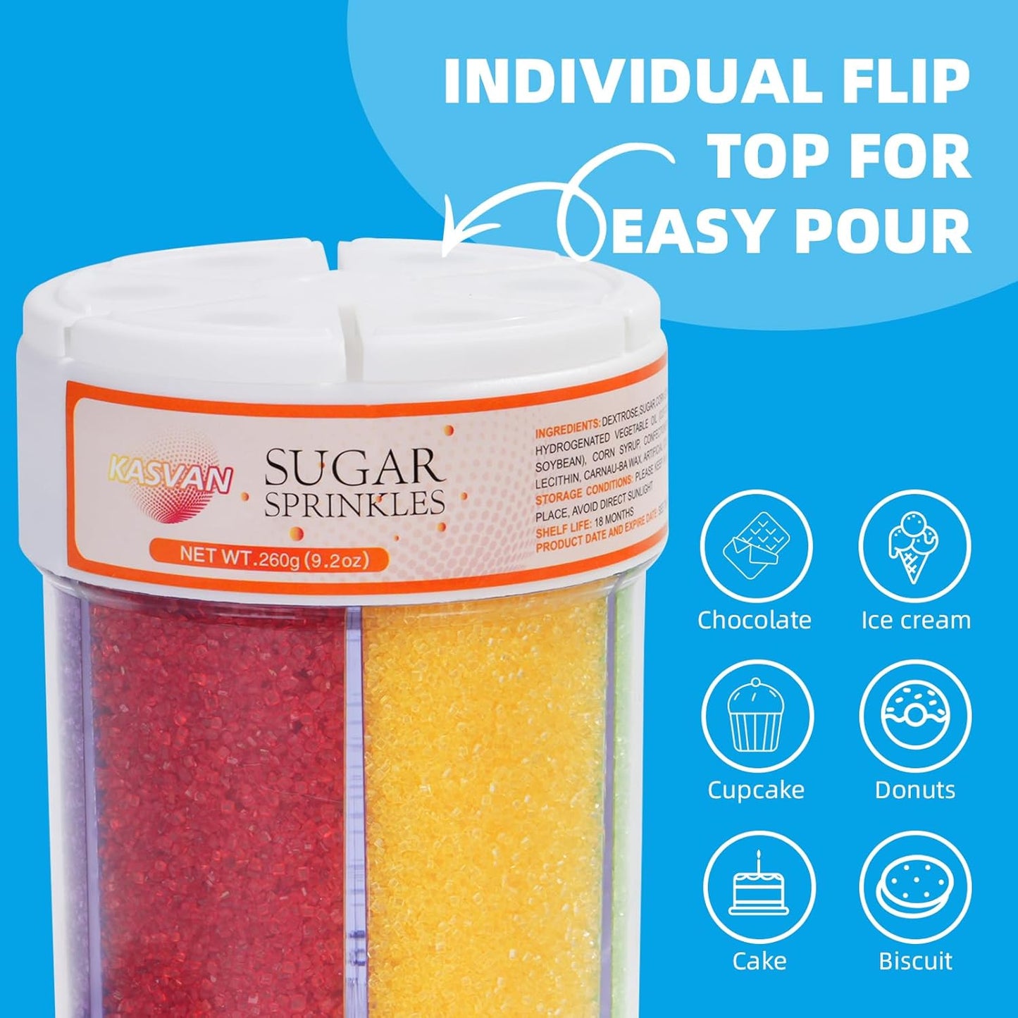 KASVAN Edible Sanding Sugar Sprinkles, 9.2oz Rainbow Sugar Sprinkles, 6 Colors Pink Blue Purple Yellow Green Red, Sparkling Crystals for Cake, Cupcakes, Cookies & Desserts