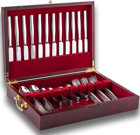 GENRICE Wooden Silverware Chest without Silverware, Silverware Box Storage for Silver, Silverware Case with Handle and Felt Lined, Flatware Chest for 12 sets of Utensils