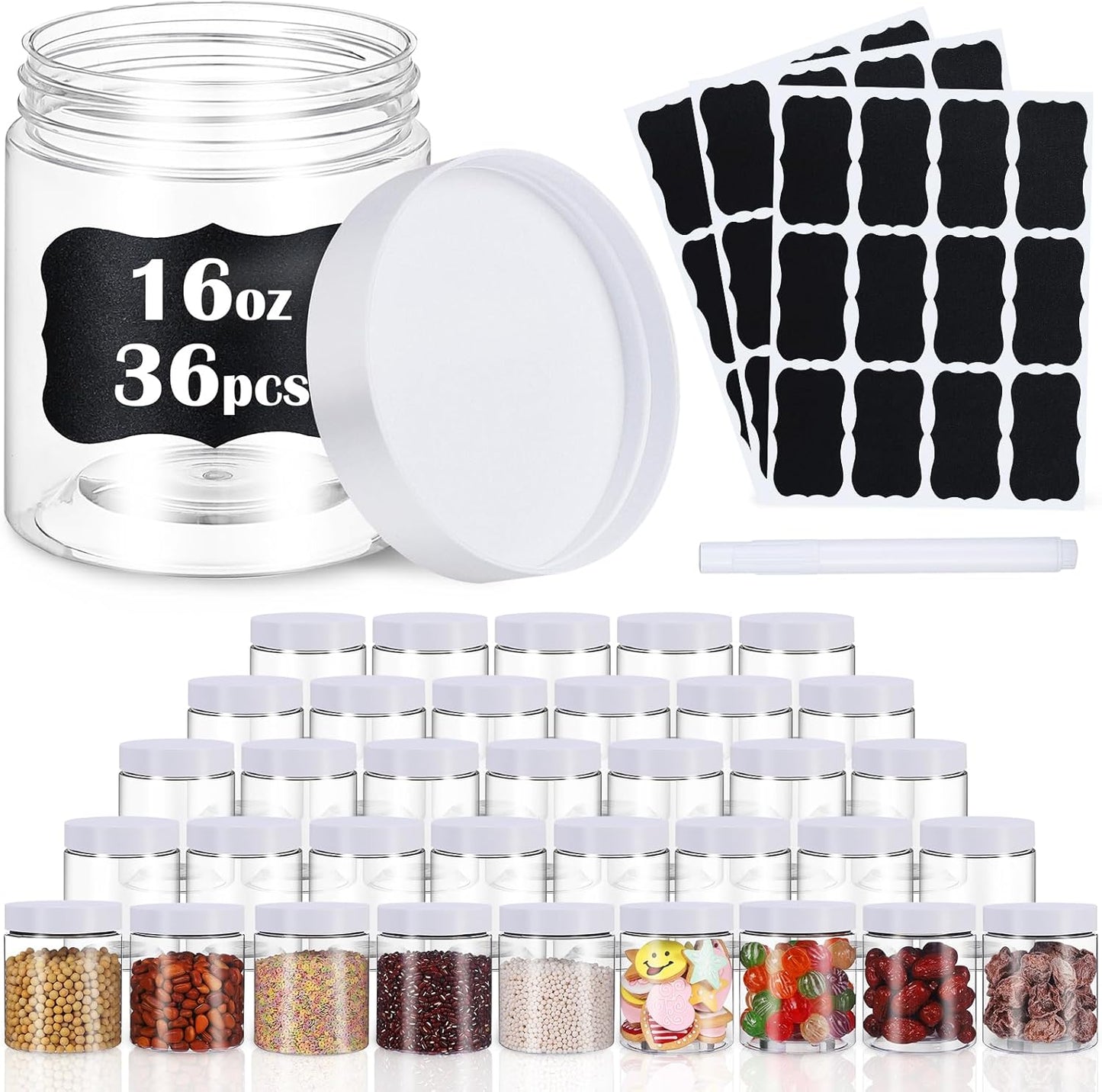 36 PCS 16 OZ Plastic Jars with Screw On Lids, Labels Refillable Empty Round Slime Containers for Storing Dry Food, Honey Jam, Cream, Butter, Lotion, White