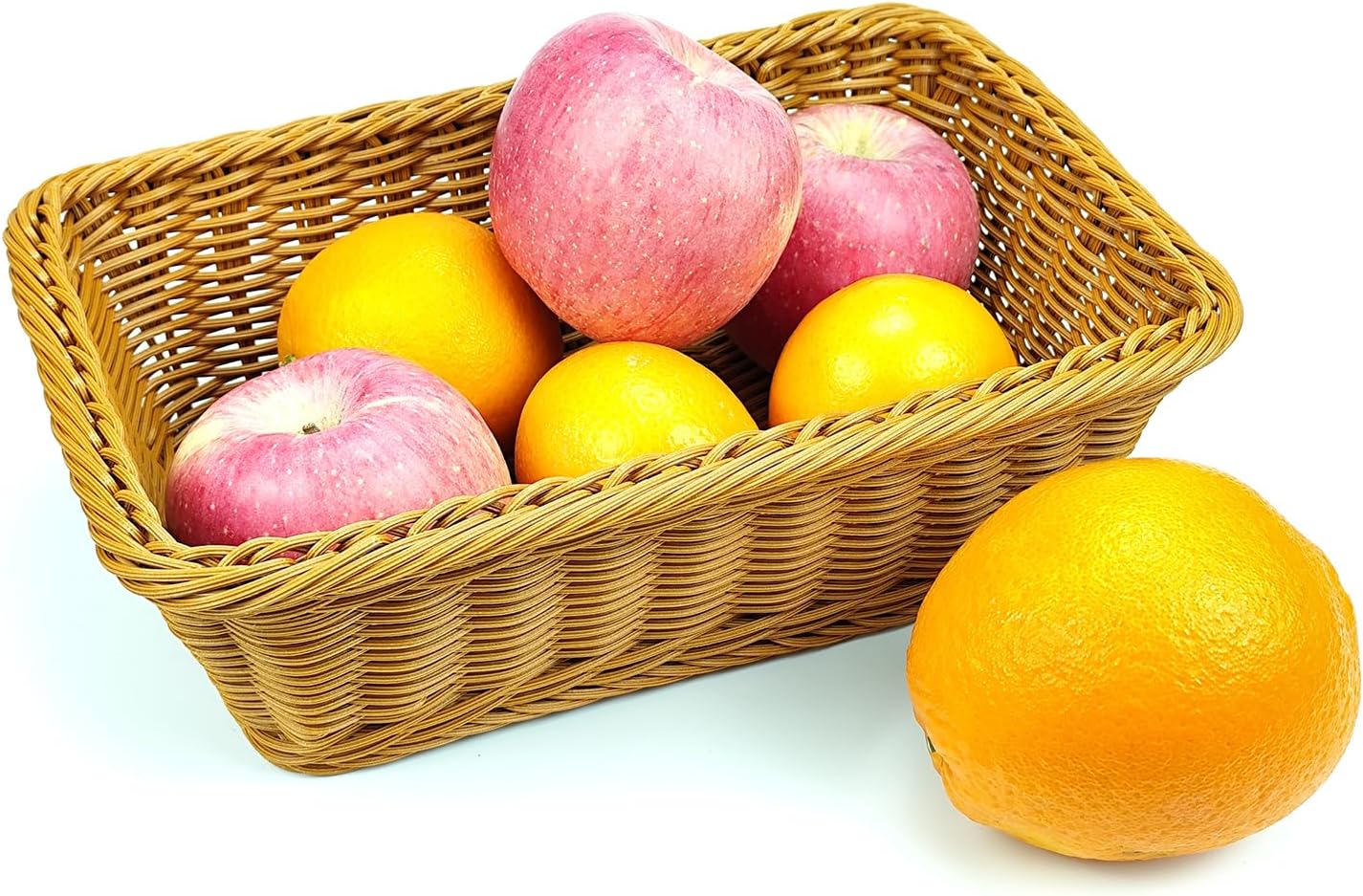 12" Poly Wicker Bread Basket, Hand Woven Food Storage Room Organizer, Fruits, Vegetables and Snacks Tabletop Food Serving Basket, Restaurant, Hotel Service, Brown