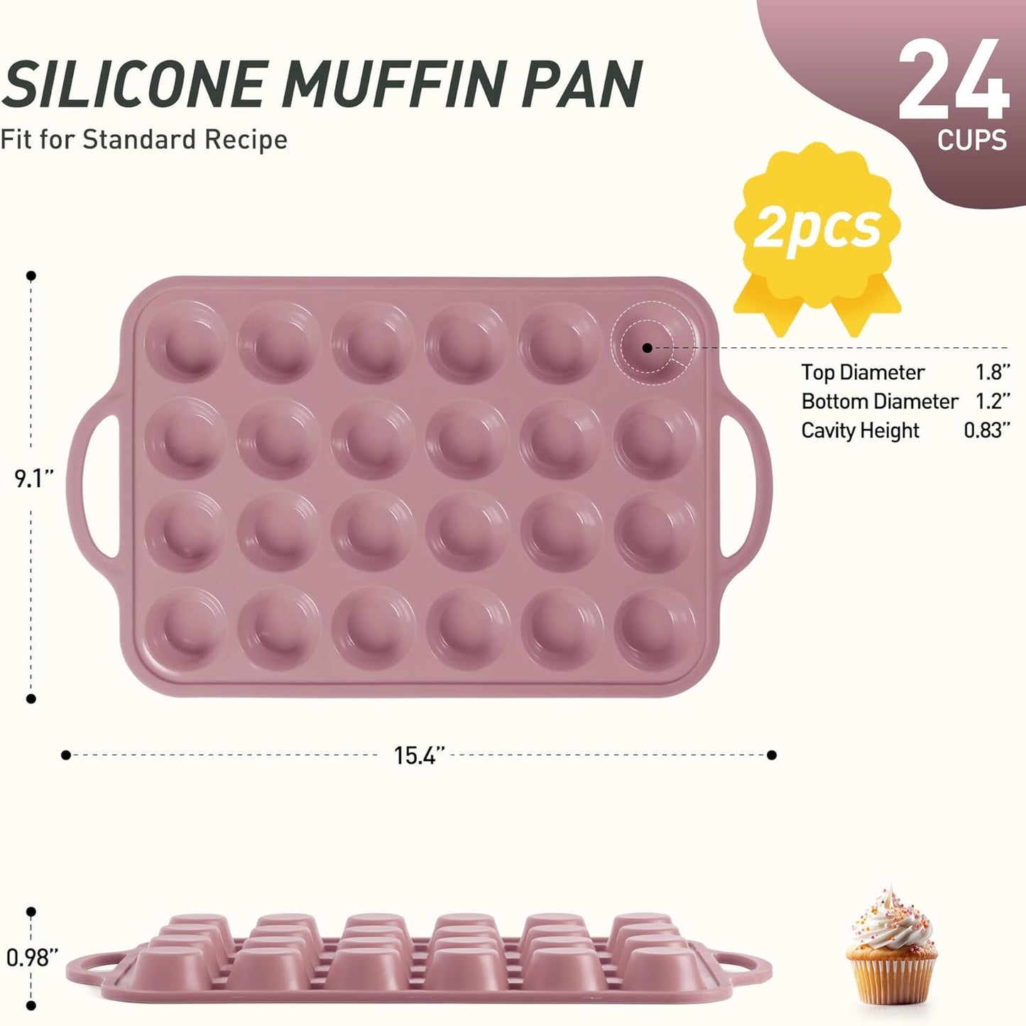 2 Packs 24 Cups Silicone Muffin Pan with Metal Reinforced Frame Mini Size Cupcake Pan Tray Egg Bites Silicone Circle Cookie Molds Muffin Tin Tart Pans Baking Sheet Set for Breakfast Sandwiches